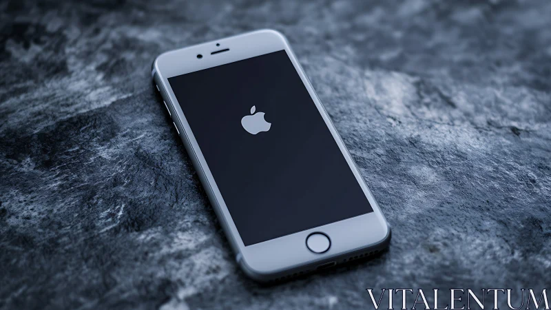 White iPhone displaying startup screen on textured stone surface