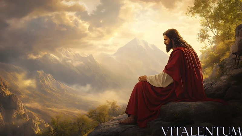 Contemplative robed figure overlooking sunlit alpine valley