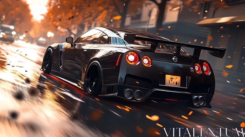 Glossy black sports coupe racing through wet autumn streets.