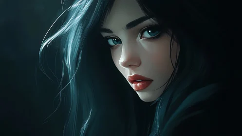 Midnight-haired muse with glacier eyes in velvet shadow.