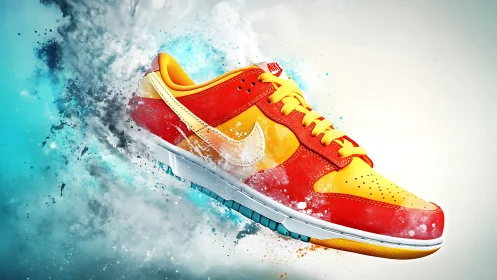 Color-splash sneaker bursting into a wave of motion.