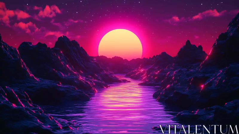 Synthetic coastal valley under stylized magenta sun disc