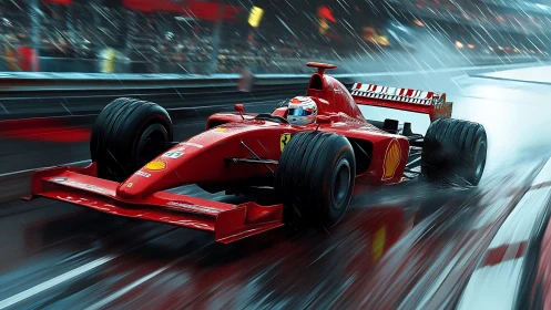 Red Formula One car on wet circuit under rainy conditions.