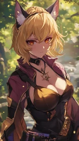 Anime catgirl warrior in sunlit forest armor portrait.