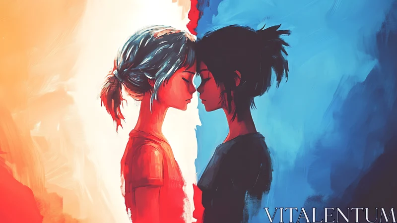 Two girls facing closely with warm and cool color split