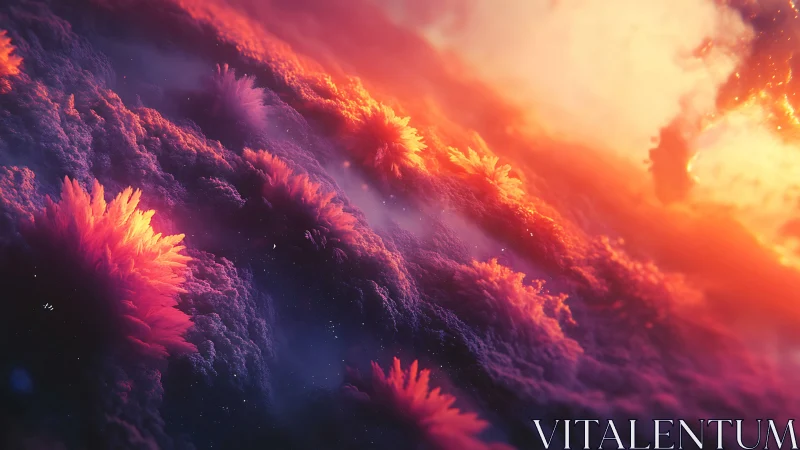 Stellar nebula flora field under volumetric sunrise light