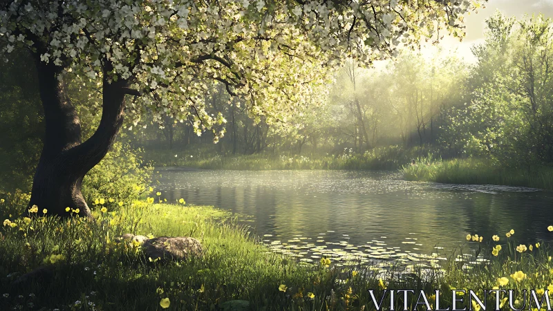 Blossoming riverside tree under soft volumetric spring sunlight.