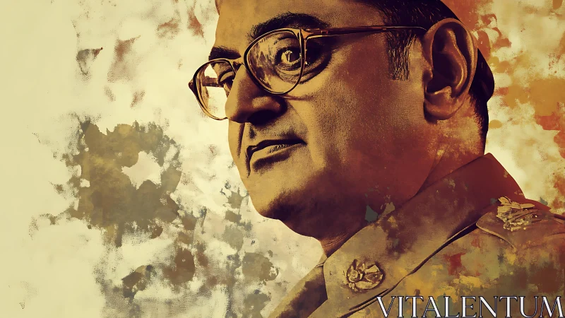 Military portrait merges realism and textured abstraction.