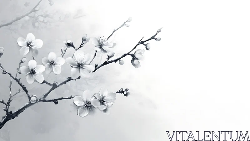 Botanical illustration of delicate cherry blossoms with detailed monochromatic rendering