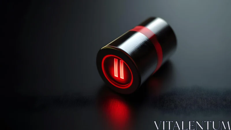 Futuristic black cylinder with glowing red pause symbol, digital art.