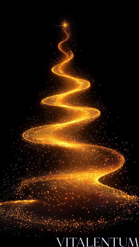 Spiral light trail forms abstract golden Christmas tree shape