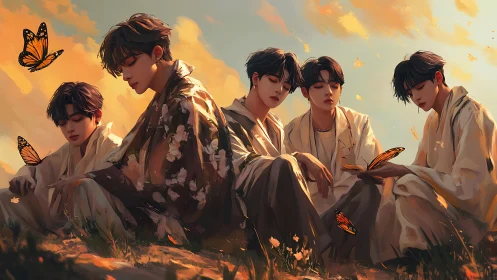 Sunlit boys in robes sharing a quiet meadow with monarchs.