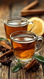 Spiced tea duet glows with cinnamon warmth on rustic wood.