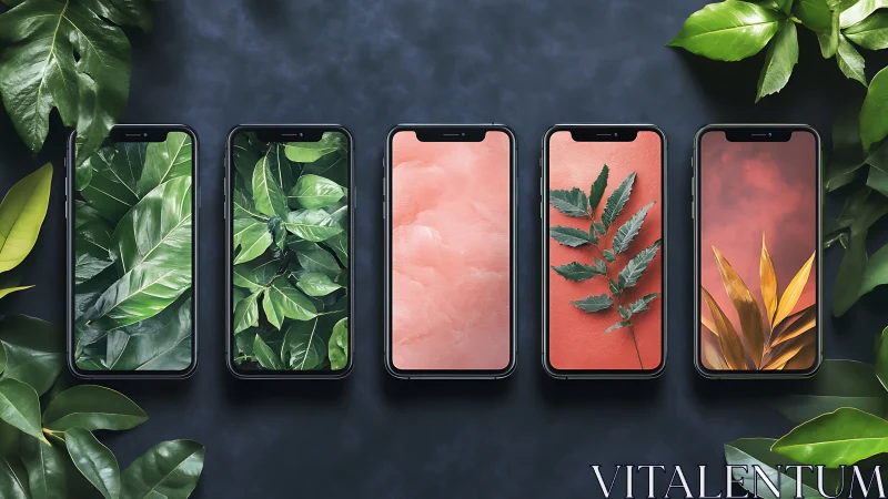 Symmetrical smartphone array with botanical wallpapers and foliage edges