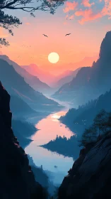 Sunlit river gorge recedes through atmospheric layered mountains