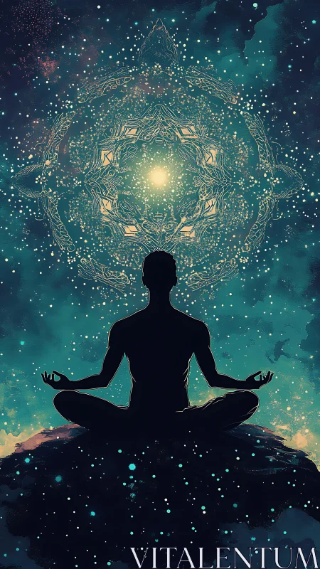 Cosmic meditation silhouette beneath luminous mandala gateway.