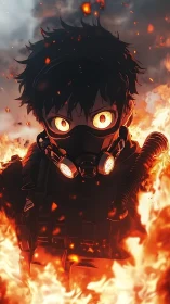 Masked anime firefighter stands in flames with burning sky.