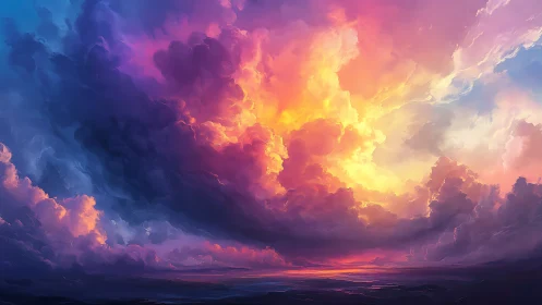Vibrant multicolored cumulonimbus cloudscape over horizon.