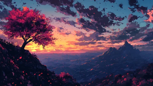 Lone crimson tree watching over a glowing mountain sunset.