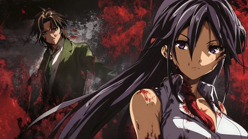 Bloody anime survivors against abstract red chaos backdrop.