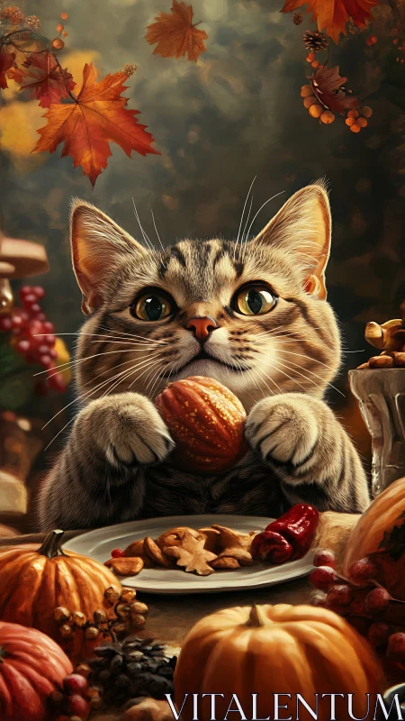 Autumn Feast: Tabby Cat with Apple and Seasonal Harvest.