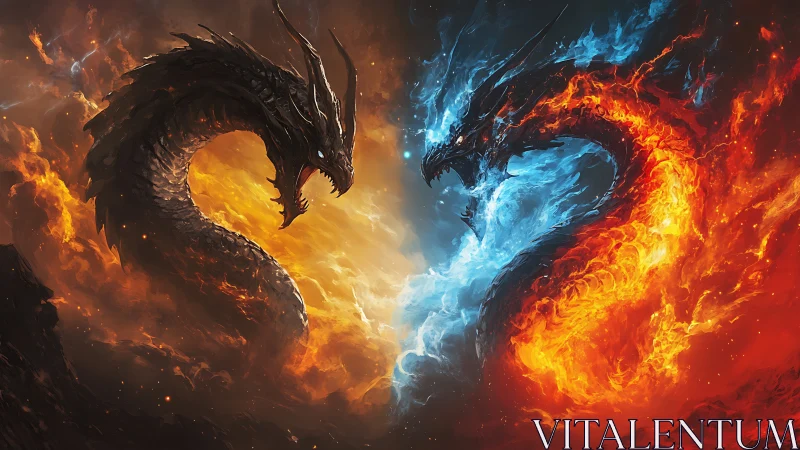 Opposed fire and ice dragons in mirrored confrontation.