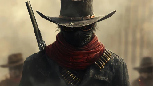 Masked gunslinger stalks the smoky frontier with ember eyes