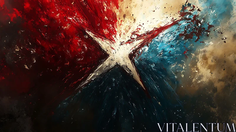 Abstract star with red, blue and neutral textured fields.