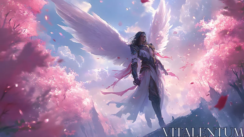 Winged guardian strides through a storm of cherry blossom light