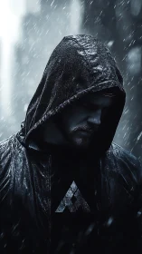 Hooded figure in nocturnal rain with cinematic specular detail.