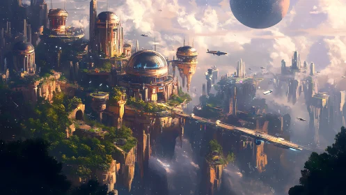 Floating domed city rises among clouds and distant planet.