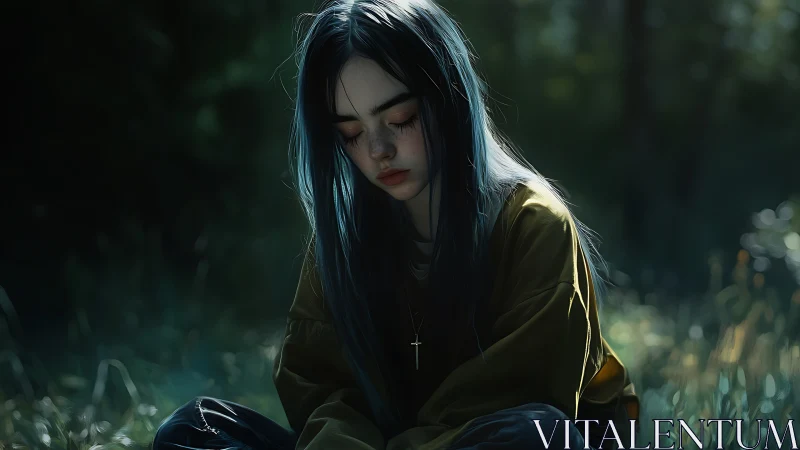 Melancholic girl with blue hair sitting alone outdoors.