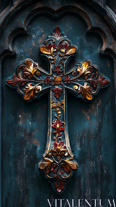 Ornate metal cross mounted on weathered dark teal door