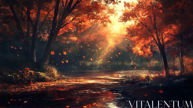 Luminous autumn forest river with drifting foliage and shafts