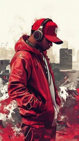 Headphoned city dreamer drifts through red-splashed silence