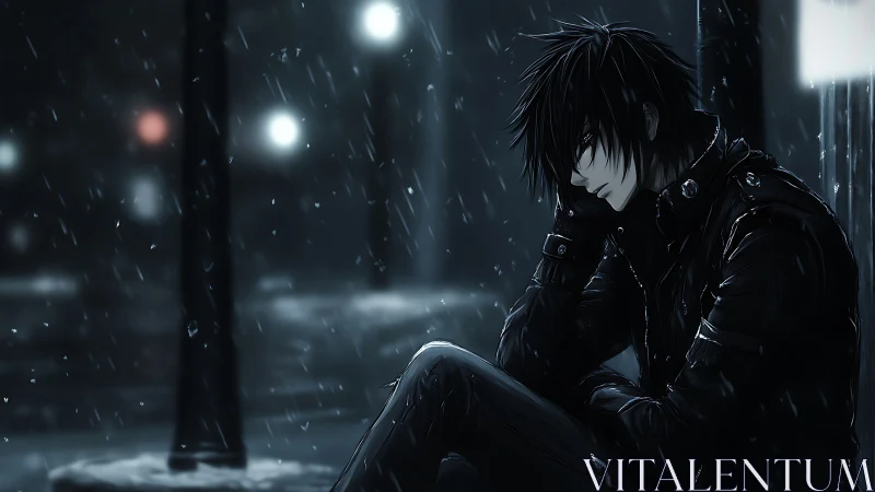 Brooding dark-haired youth sits alone in cold urban rain