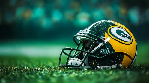 Green football helmet with bold logo resting on wet turf.