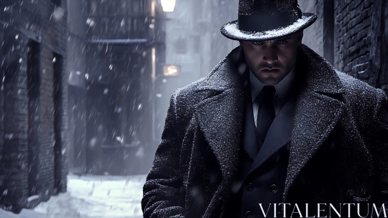 Brooding detective walks a snowbound noir alley at night