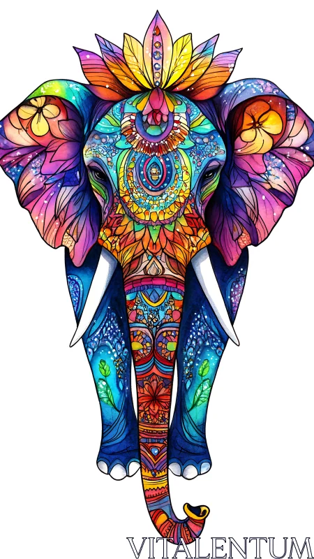 Radiant mandala elephant glows with joyful rainbow color