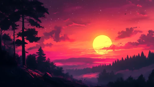 Vivid digital sunset over forested hills and valley.