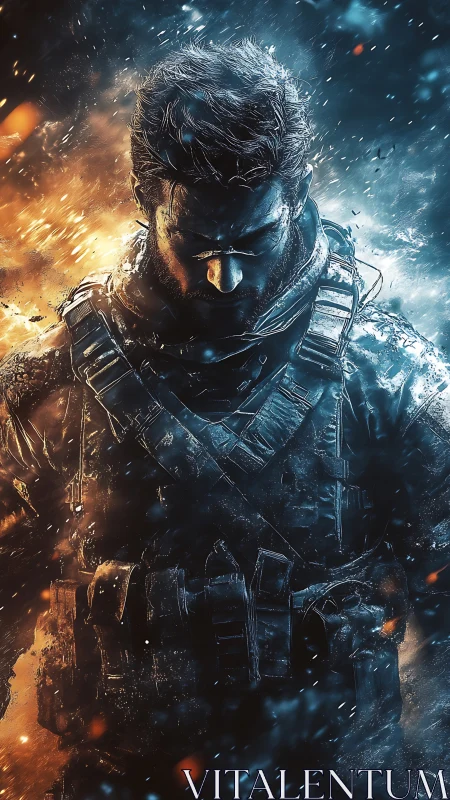 Armored soldier stands between contrasting fire and ice fields