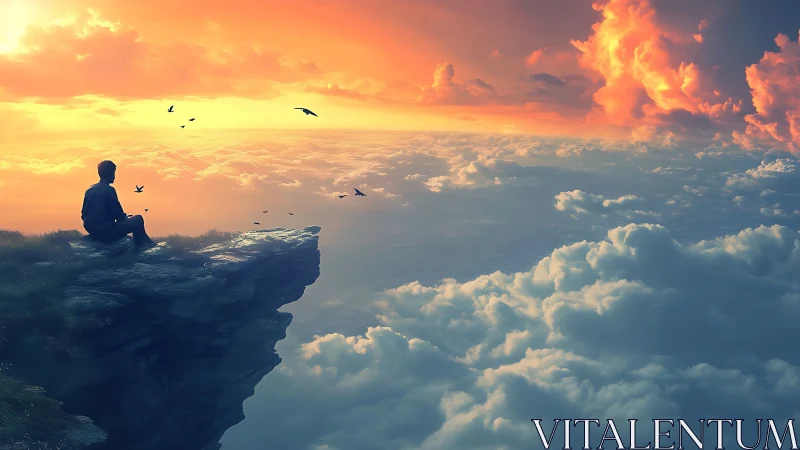 Solitary figure on cliff above clouds at vivid sunset.
