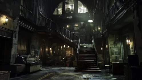 Industrial Gothic Architectural Interior with Deteriorated Geometric Staircase Structure