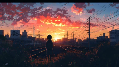Silhouetted student watches blazing city sunset over tracks