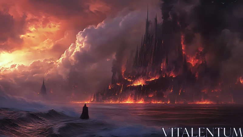 Towering burning fortress rises over stormy ocean horizon
