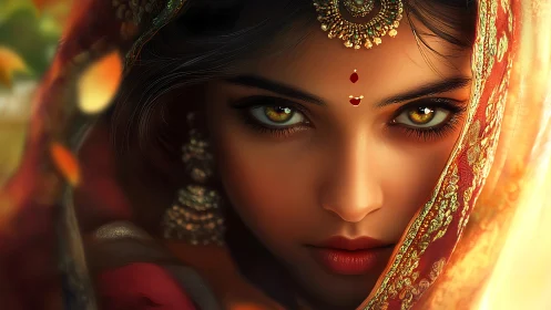 Digital portrait of veiled woman with intense gaze.