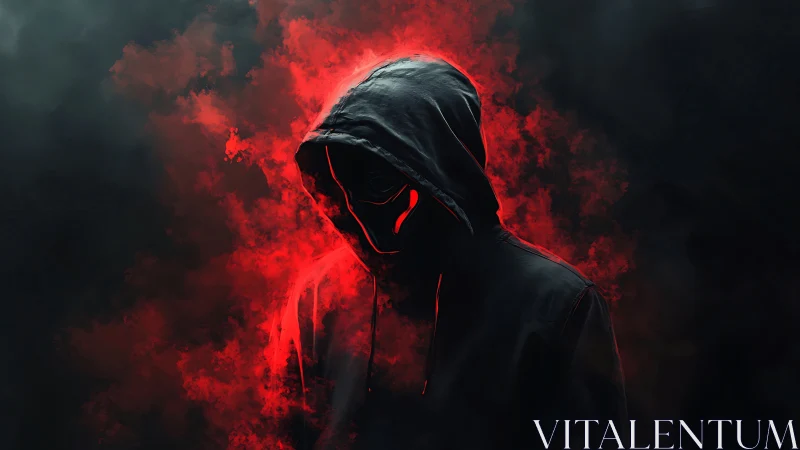 Hooded figure silhouette stands before red smoke field