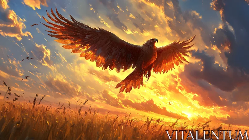 Majestic eagle soaring over golden field at sunset in digital art.
