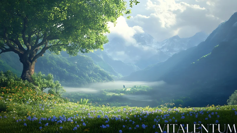 Valley of mist and wildflowers beneath watchful mountains.