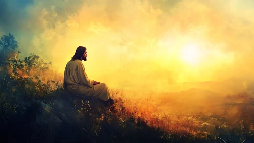 Robe-clad figure meditating on hillside at radiant sunrise